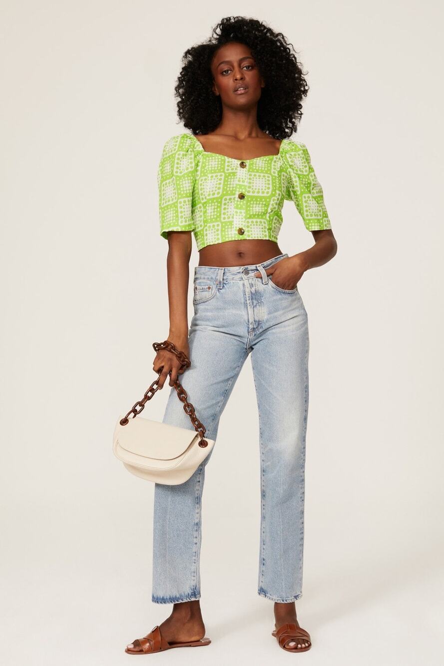 The Odells Julie Green Linen Cropped Square Neck Puff Sleeve Top Size XS